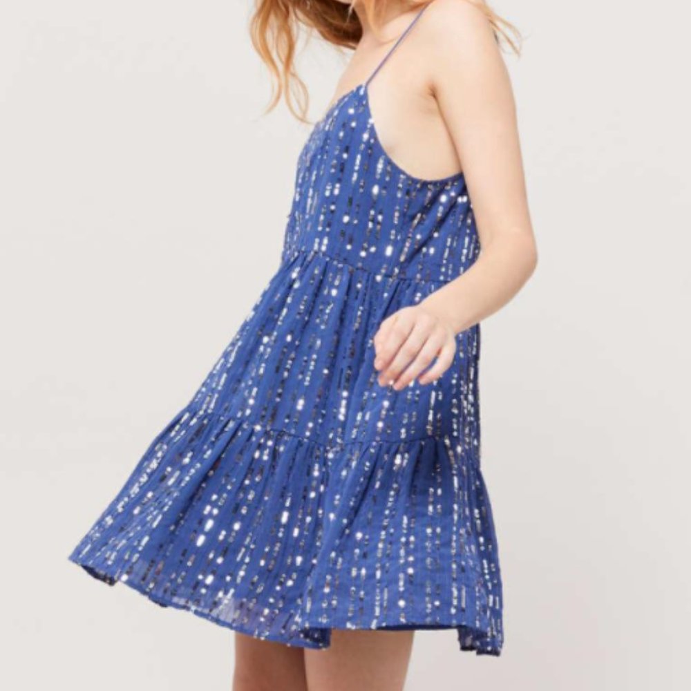 NEW Urban Outfitters holiday Embellished Blue Sequin Babydoll Mini Dress NWT XS
